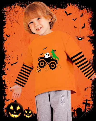 Vista 3 de CM-Kid Camisa de Halloween para niños pequeños y niñas, diseño de calabaza, esqueleto, fantasma, dinosaurio, rayas, camisetas de manga larga