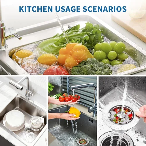 Vista 7 de La solución definitiva para fregadero de cocina: colador y tapón de drenaje 3 en 1. Acero inoxidable 304, antiobstrucción, antiolor para desagües