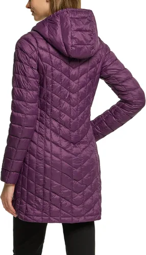 Vista 2 de TSLA Chaquetas acolchadas ligeras y plegables para mujer con capucha, abrigo largo de invierno resistente al agua