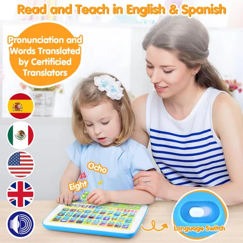 Vista 2 de PLAY Juguetes bilingües de aprendizaje de español e inglés para niños pequeños de 1 a 3 años, tableta de aprendizaje interactiva para niños