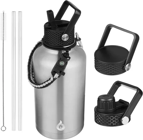 Vista 107 de BJPKPK Botellas de Agua Aisladas con Tapa de Pajita, Botella de Agua de Acero Inoxidable de 18oz, Termo Frío Caliente con 3 Tapas, Vaso de Viaje a