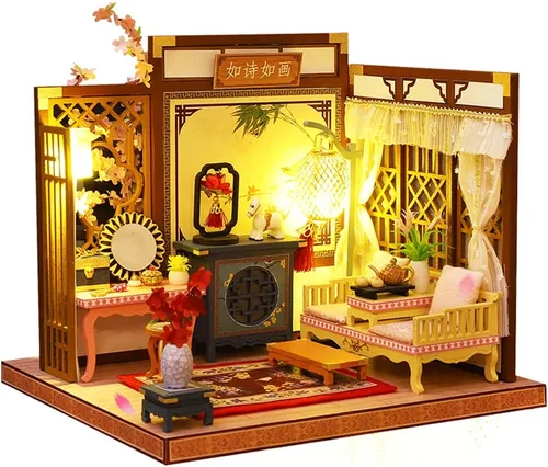 Vista 9 de Roroom Kit de casa de muñecas en miniatura y muebles, mini casa de muñecas de madera 3D, modelo artesanal estilo chino con cubierta a prueba