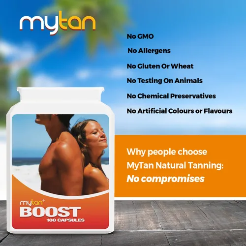 Vista 4 de Boost Tan Pills 100 cápsulas Acelerador de bronceado solar Suplemento de bronceado natural Tirosina, multivitamínico de cobre Suministro