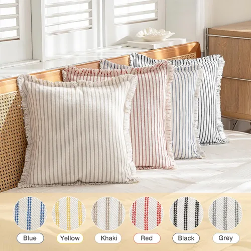 Vista 5 de YEENAASY Fundas de Almohada Decorativas 16x16 Juego de 2 Fundas de Almohada a Rayas con Flecos Estilo Granja Fundas de Cojín con Borlas Almohadas