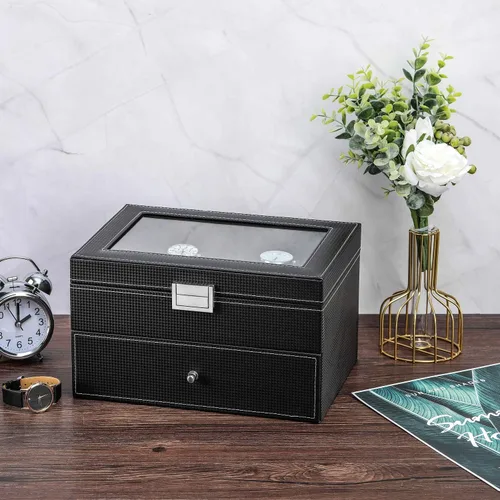 Vista 3 de BASTUO Caja de reloj 20 relojes organizador de exhibición de cuero de fibra de carbono de lujo, caja de colección de joyas para hombres y mujeres