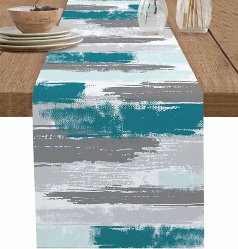 Vista 23 de Zigzi - Bufandas de mesa azules, textura de mármol a rayas grises de Zigzi, camino de mesa de comedor, decoración de mesa rectangular lavable