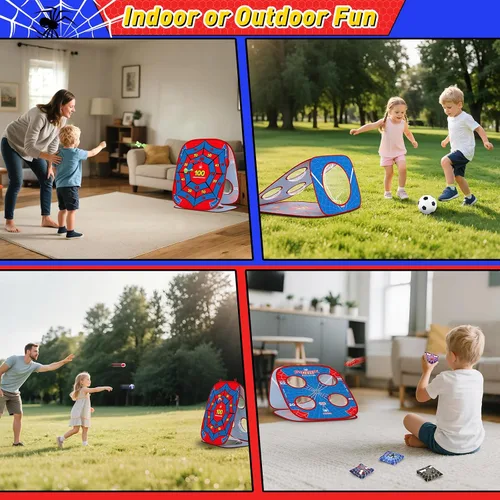 Vista 6 de Juego de lanzamiento de sacos de araña 4 en 1 para niños, juego de Cornhole para interiores y exteriores, juguetes para niños y niñas de 3 a 8 años