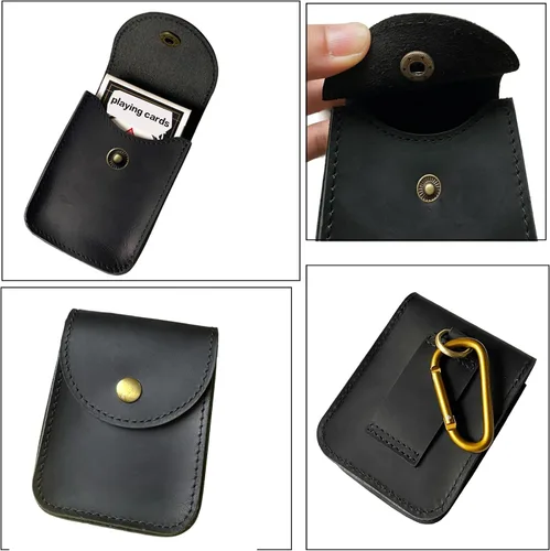 Vista 2 de Funda de cuero genuino, caja de cartas de juego de una sola cubierta, bolsa de cuero multiusos con clip para cinturón para llevar tarjetas Negro