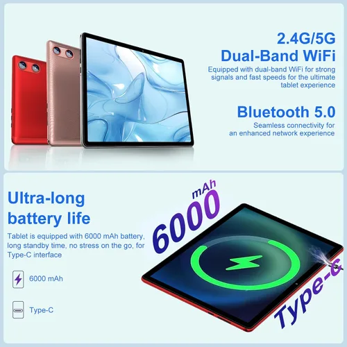 Vista 4 de 2025 Android 15 tablet de 10 pulgadas con teclado, 30GB+64GB+1TB expandibles, tabletas Octa-Core con batería de 6000mAh, pantalla HD IPS, WiFi 5G