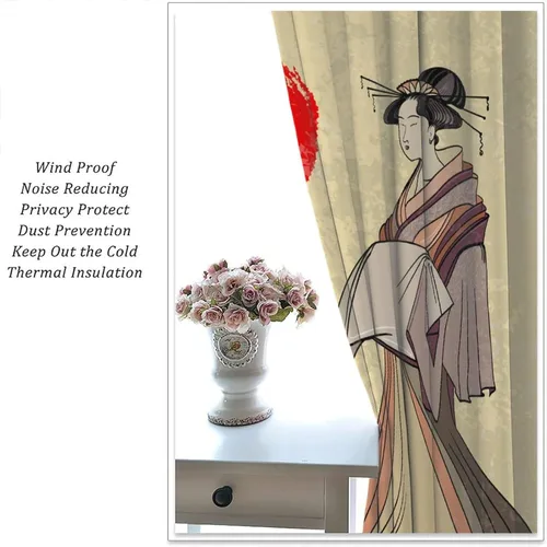 Vista 5 de Cortinas de estilo japonés, Kyoto Geisha Girls Asian Ink Painting - Cortinas de tela de poliéster con estampado de Japón antiguo para dormitorio