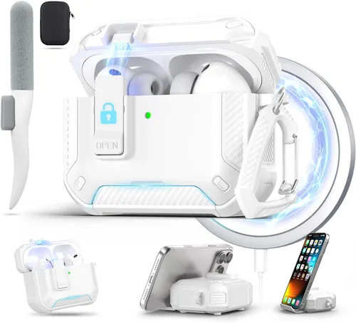 Vista 17 de Maxjoy Funda para AirPods Pro 3 2025, MagSafe compatible con bloqueo automático, funda protectora a prueba de golpes con soporte para teléfono