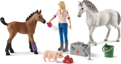 Vista 4 de Schleich Farm World - Juego de 9 piezas de visita veterinaria con figuras de cerdito, yegua y potro, juego detallado y duradero, juego divertido