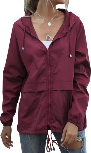 Vista 6 de Chaqueta impermeable ligera para mujer, rompevientos con capucha y bolsillos para exteriores Impermeable verde militar