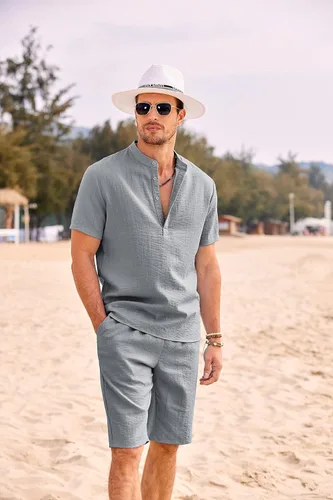 Vista 3 de COOFANDY Conjunto de 2 piezas de lino para hombre, camisas Henley casuales de manga corta, pantalones cortos de yoga para la playa, pantalones