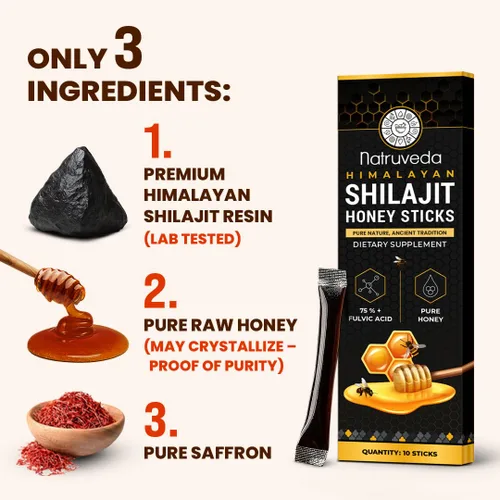 Vista 4 de Natruveda, Himalayan Shilajit - Palitos de miel para hombres y mujeres, 75% más de ácido fúlvico y oligominerales, miel cruda, azafrán y resina