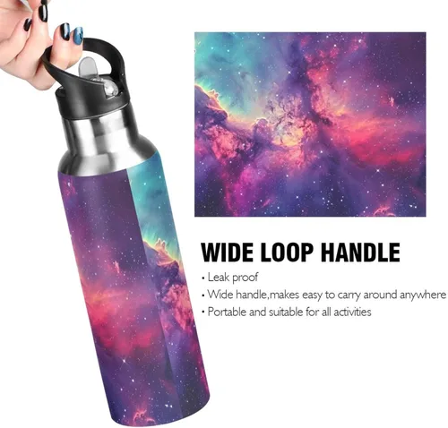 Vista 4 de Botella de agua colorida y hermosa galaxia de acero inoxidable de 20.3 fl oz, a prueba de fugas, adecuada para gimnasio, escuela, niños y adultos