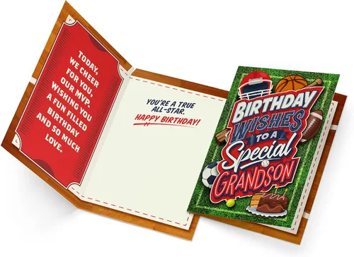 Vista 3 de Prime Greetings Tarjeta de cumpleaños para nieto, hecha en Estados Unidos, ecológica, cartulina gruesa con sobre premium de 5 x 7.75 pulgadas