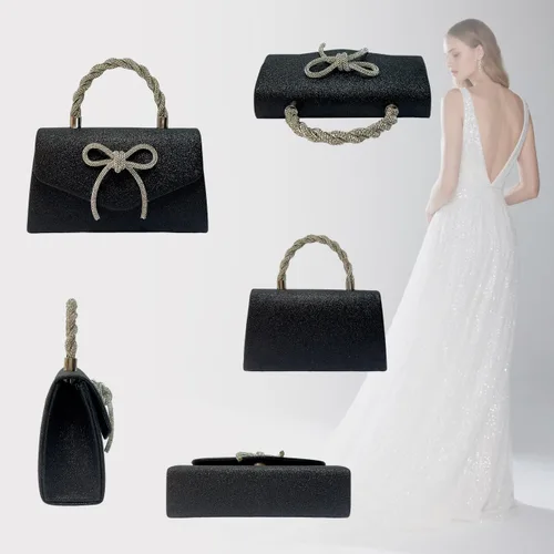 Vista 8 de Bolso de noche para mujer, embrague de lazo brillante, bolso formal de embrague de diamantes de imitación de boda adecuado para fiestas