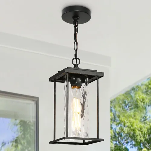 Vista 16 de Lámpara colgante para exteriores, luces colgantes antioxidantes exteriores de granja, luz de techo negra para exteriores con vidrio sembrado Negro