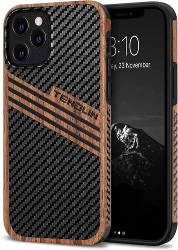 Vista 13 de TENDLIN Compatible con iPhone 12 Mini Funda de Grano de Madera con Textura de Fibra de Carbono Diseño de Cuero Híbrido Funda Negra