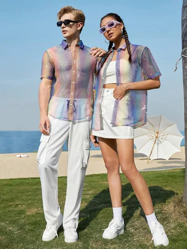 Vista 6 de WDIRARA Camisa de manga corta con botones para hombre, diseño de organza
