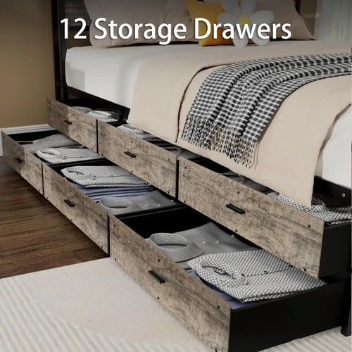 Vista 4 de Wood and Metal Bed Frame Queen Size, Platform Bed with 12 Storage Drawers Charging &Led Lights Headboard,Metal Slats,No Box Spring Needed,Noise-Free