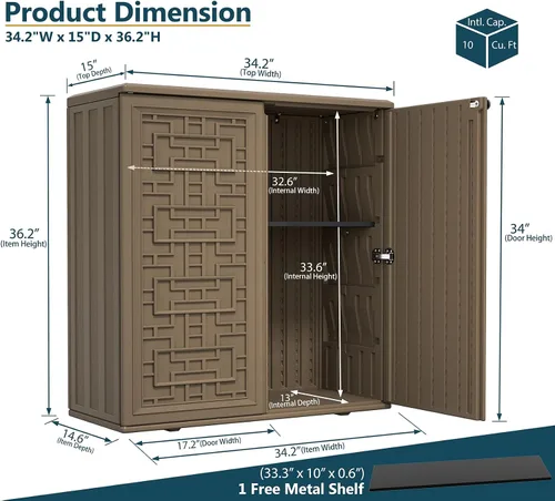 Vista 3 de HOMSPARK Armario de almacenamiento para interiores y exteriores con puertas y estante, caja de almacenamiento de plástico HDPE de 34 x 16 x 36 Marrón
