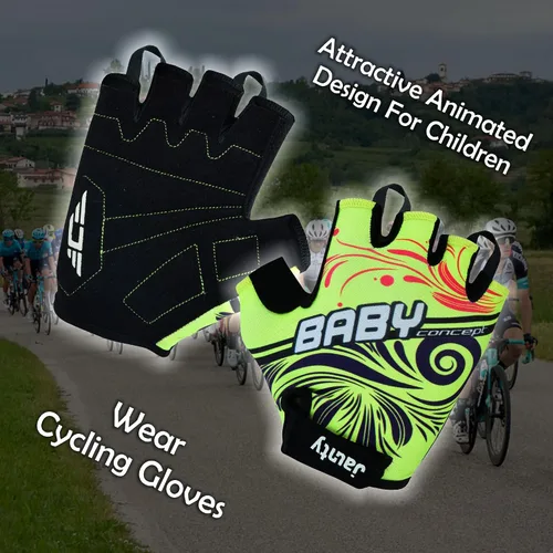 Vista 6 de Guantes de ciclismo para niños con relleno de gel que absorbe los golpes, guantes de ciclismo antideslizantes de medio dedo para niños y niñas