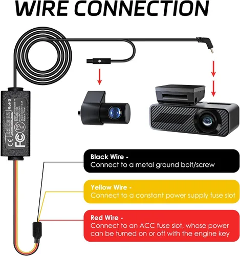 Vista 4 de Pelsee Kit de cable duro para cámara de salpicadero, juego completo de fusible para cámara P1 Duo Dash Cam, cable de alimentación de cargador