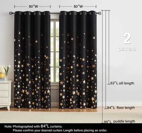 Vista 6 de Treatmentex Cortinas Blackout Completas Gold Star Negras para Dormitorio de Niños Varones, Paneles de Ventana con Acabado Metálico para Cuarto