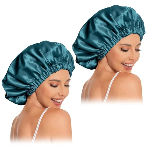 Vista 12 de Gorro de satén de seda para dormir, gorro de satén para dormir, gorro de satén para dormir para cabello natural y rizado (negro y verde negruzco)