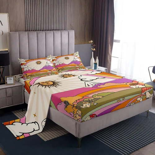 Vista 23 de Bonito juego de sábanas de flores para niñas y mujeres, sábanas coloridas de dibujos animados de flores funky de tamaño individual, bonito juego