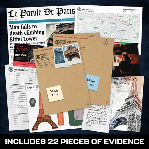 Vista 3 de Lucky Egg MMC Muerte en la Torre Eiffel – Emocionantes juegos de misterio de asesinato para adultos en París – 22 piezas realistas de evidencia, 150