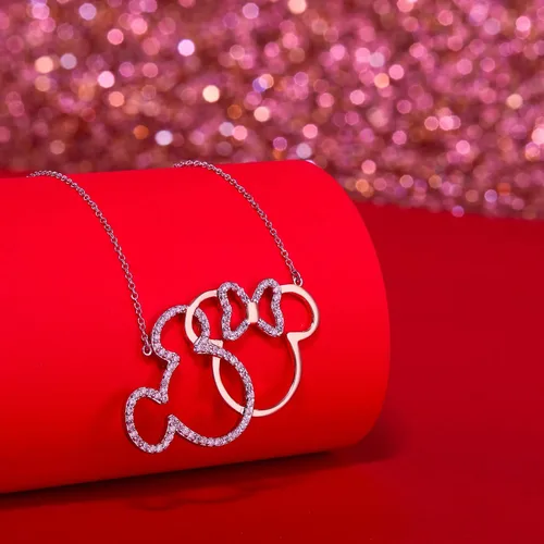 Vista 3 de Disney Joyería para mujer collar entrelazado de plata de ley con placa de oro rosa Mickey y Minnie Mouse de 18 pulgadas