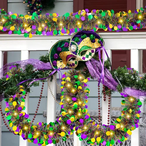 Vista 5 de Guirnalda de oropel de Mardi Gras de 20 pies/19.7 ft con luces LED, guirnalda metálica de oropel con pilas, guirnalda colgante de lámina colorida