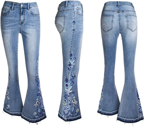 Vista 6 de Pantalones de mezclilla bordados para mujer, elásticos, acampanados, de pierna ancha