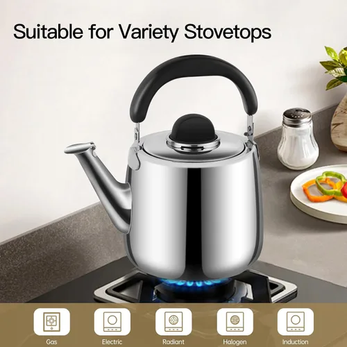 Vista 5 de Hervidor de té, tetera silbante para estufa, tetera de acero inoxidable de 2 cuartos de galón, tetera de inducción para estufa (1.9 L, plateado)