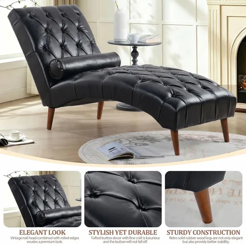 Vista 7 de Tumbona de piel sintética para interiores con almohada, moderna tumbona, sillas ergonómicas tapizadas de poliuretano sin brazos con botones