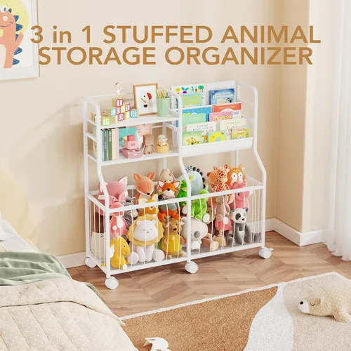 Vista 6 de BBLIKE Organizador de almacenamiento de animales de peluche, estantería rodante para niños y almacenamiento de juguetes con exhibición de libros
