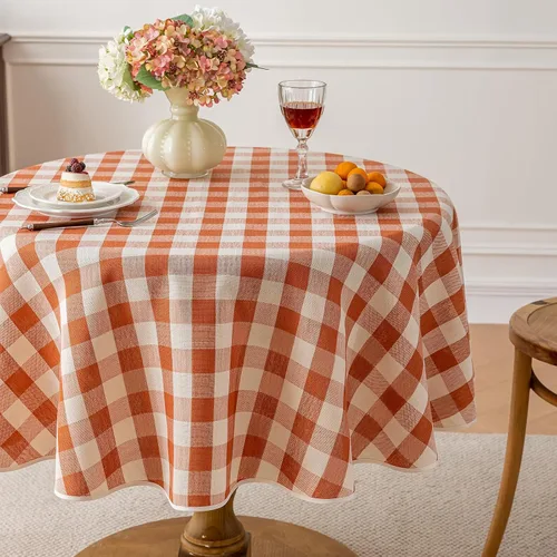 Vista 18 de Alsoo Mantel redondo de cuadros beige de 60 pulgadas, mantel circular a cuadros, lavable, sin arrugas, de lino y algodón, para picnic, cocina
