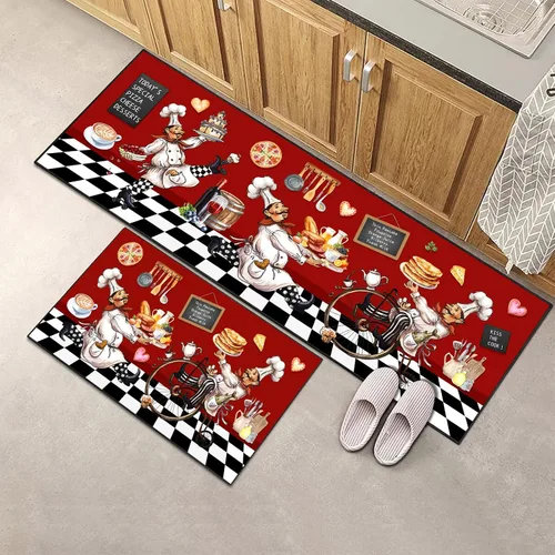 Vista 6 de Juego de alfombras de cocina para chef 2 piezas, alfombra de piso de estilo granja de estilo rústico, decoración de alfombras absorbentes y lavables