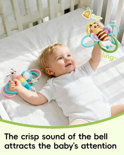 Vista 5 de Jollybaby Sonajeros suaves para bebés y juguete de anillos de peluche para recién nacidos de 0-3-6-12 meses, juguetes sensoriales y de desarrollo