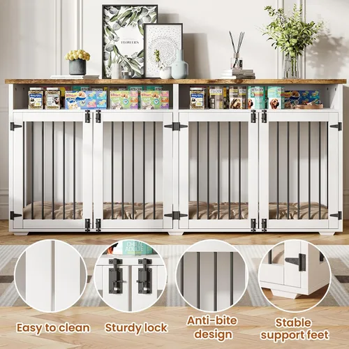 Vista 4 de Jaula para perros de 72 pulgadas para 2 perros, jaula de madera para perros con compartimento de almacenamiento, perrera de interior con 4 puertas