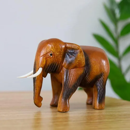 Vista 3 de Estatua de elefante de madera tailandesa tallada a mano de 4 pulgadas, escultura, arte decorativo, rústico, decoración para el hogar, decoración