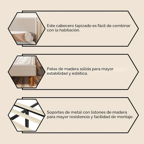 Vista 5 de Marco de cama de plataforma de lino tamaño Queen con cabecera tapizada