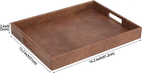 Vista 2 de HofferRuffer Bandeja rectangular de servir con asas con agujeros para mesa de café, desayuno, té, comida, bandeja de servicio para mostrador