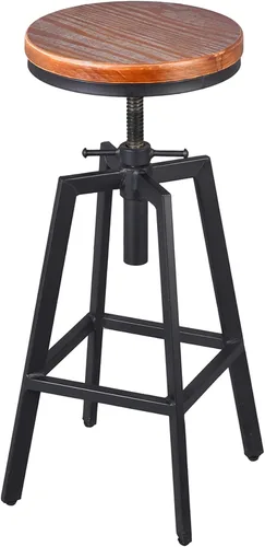 Vista 4 de Taburetes de bar industriales, silla de comedor de cocina, taburete de metal de madera, silla giratoria de altura ajustable, negro, juego de 2