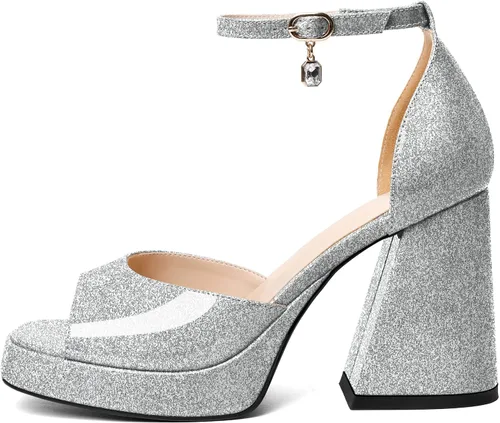 Vista 2 de Eldof Tacones gruesos de plataforma para mujer, sandalias de tacón abierto con correa al tobillo, tacones altos gruesos, zapatos de vestir