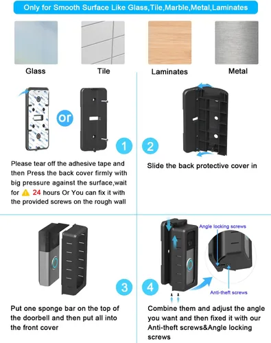 Vista 4 de Soporte adhesivo para timbre de puerta compatible con timbre de video 1/2/3/4 de ángulo ajustable para timbre de puerta, soporte de montaje