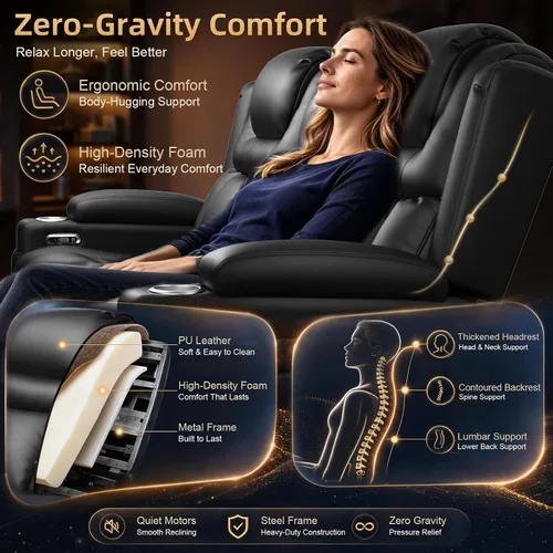 Vista 8 de Sofá reclinable eléctrico, asiento de cine en casa con consola abatible, sofá biplaza reclinable de pared con luz LED, puertos USB, sofá de casa